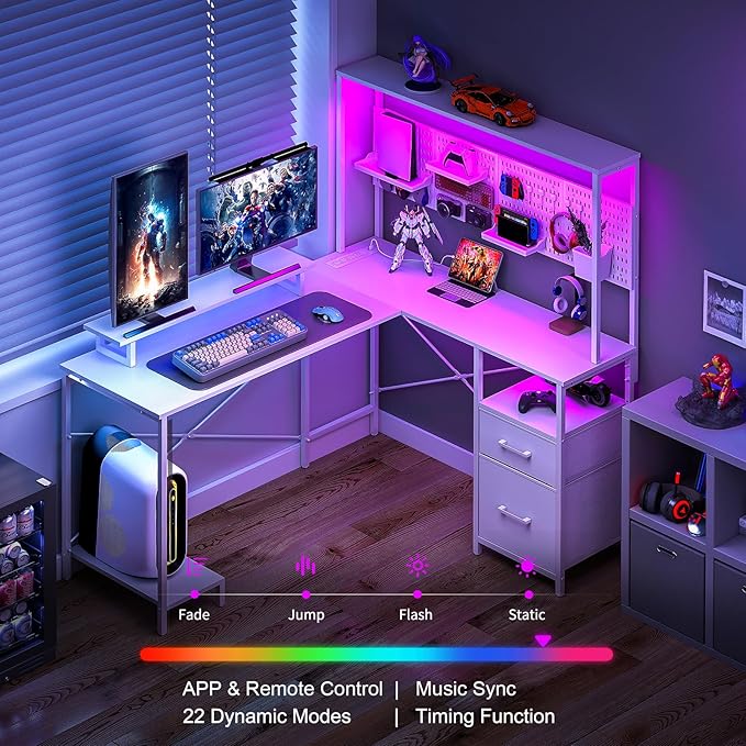 Yoobure L Shaped Gaming Desk with Pegboard Reversible Computer Desk with Drawers &amp Storage Shelves LED Lights &amp Power Outlets Office Desk with Monitor Stand Corner Desk Home Office Desks