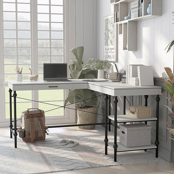 24/7 Shop at Home Monier Farmhouse Metal 2 Shelves Corner Computer Desk with USB Port Power Outlet 1 Drawer for Workstation Home Office Study Room Antique White