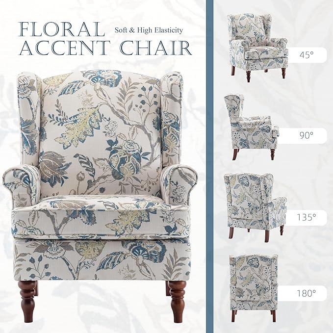 MELLCOM Floral Accent Chair High Back Upholstered Armchair with Solid Legs Leisure Single Sofa Chair for Living Room Bedroom Home Office Blue Floral