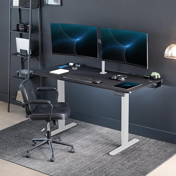VIVO Electric 60 x 30 inch Standing Desk with Concealed Trays and Full-Size Mouse Pad Dual Motor Memory Controller Height Adjustment Black Top White Frame DESK-KIT-E2W-P3B