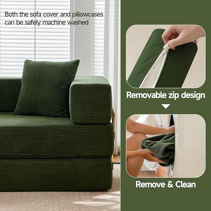 79 Boneless Sofa Bed 5-in-1 No-Assembly Convertible Sleeper Couch with Fixed Frame Armrests Modular Corduroy Futon Compressed in a Box for Space Saving (Green Includes 2 Pillows)