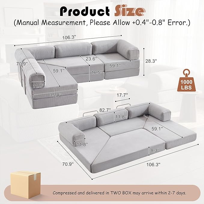 Modular Convertible Sofa Bed 106 L-Shaped with Reversible Chaise Corduroy Floor Sleeper Boneless Couch Folding Futon for Living Room Apartment Small Spaces No Assembly Required Grey
