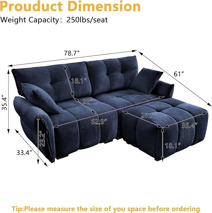 Mikibama Oversized Modular Sectional Sofa with Ottoman78Chenille L-Shaped Couch with FootrestModern 2 Seater Couches for Living RoomComfy Love Seat with Deep Seat for Small SpacesApartment(Blue)