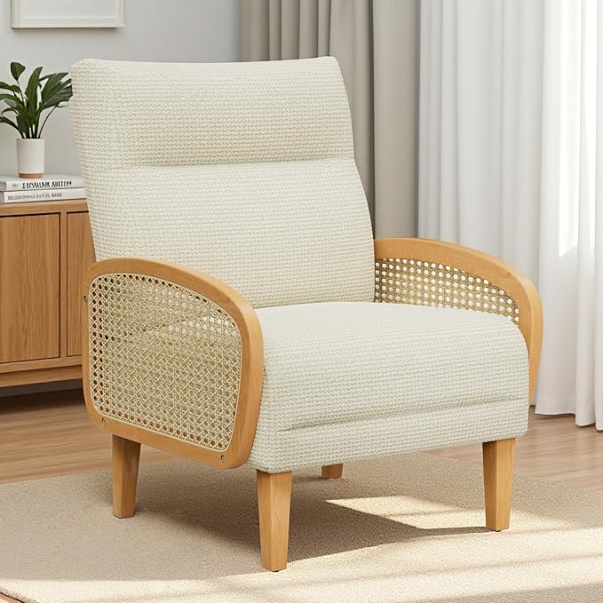 Rattan Accent Chair Arm Chair with High Resilience Cushion Armchair with Sturdy Ash Wood for Living Room Beige