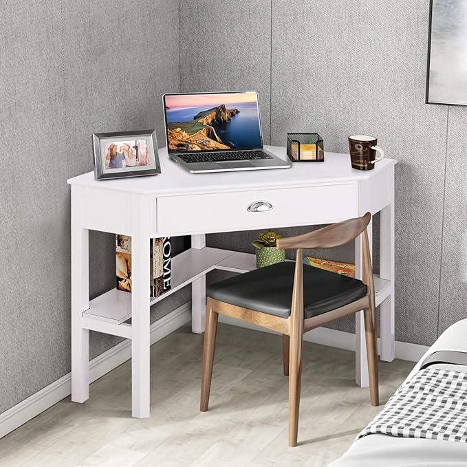 COSTWAY Corner Desk Writing Corner Computer Desk with Drawer for Small Space Wood Makeup Vanity Desk Small Corner Desk with Shelves Office Study Workstation White Corner Desk (White)