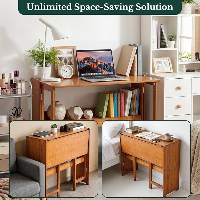 41'' Bamboo Folding Desk with Bookshelf Space-Saving Computer Desk Mid Century Modern Foldable Study Table for Home Office Bedroom Small Spaces - Brown