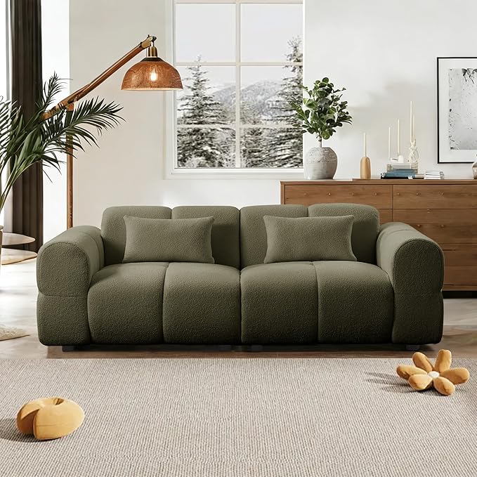 80 Modern Sofa Couch Comfy Deep Seat Teddy Cloud Sofa Upholstered 3-Seater Boucle Couch Oversized Loveseat for Living Room Bedroom Office Apartment(Green)