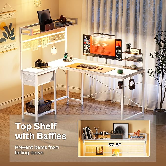 PRAISUN L Shaped Gaming Desk with Shelves Corner Computer Table with LED Lights Power Outlets and USB-C Ports 50 Inch Reversible Home Office Desk with Storage Drawer for Work and Study White