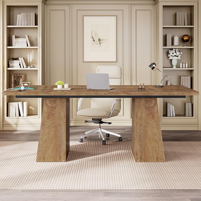 63 in Executive Desk with Power Outlets Modern Home Office Desk with Storage Cabinet Wood Computer Desk Business Workstation Desk Conference Table (Oak)