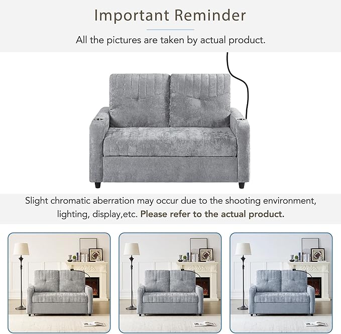 Modern Loveseat Pull-Out Sofa Bed Chenille Sleeper Sofa Couch with Adjustable Backrest 2 Cup Holders Phone Holder 3 Charging Ports and Side Storage Pockets for Living Room (Grey)