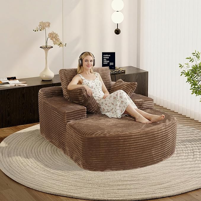 Oversized D-Shape Lounge Chair Indoor Single Foam Upholstered 67-inch Corduroy Boneless Deep Seat Circle CouchCloud Couch Lounge Floor Sofa Chair for Reading Room Brown