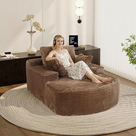 Oversized D-Shape Lounge Chair Indoor Single Foam Upholstered 67-inch Corduroy Boneless Deep Seat Circle CouchCloud Couch Lounge Floor Sofa Chair for Reading Room Brown