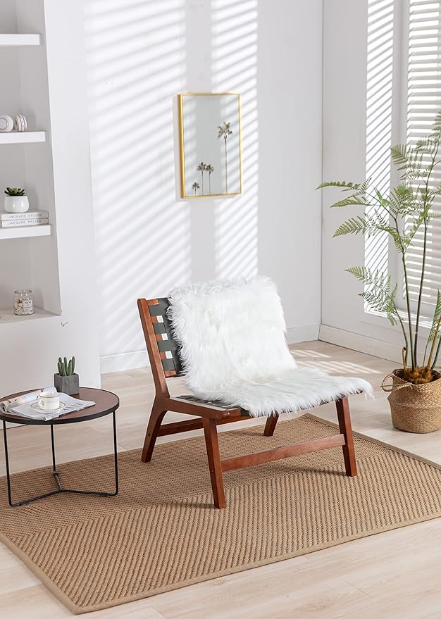 Solid Wood Frame Chair with White Faux Wool Modern Accent Chair Lounge Chair for Living Room