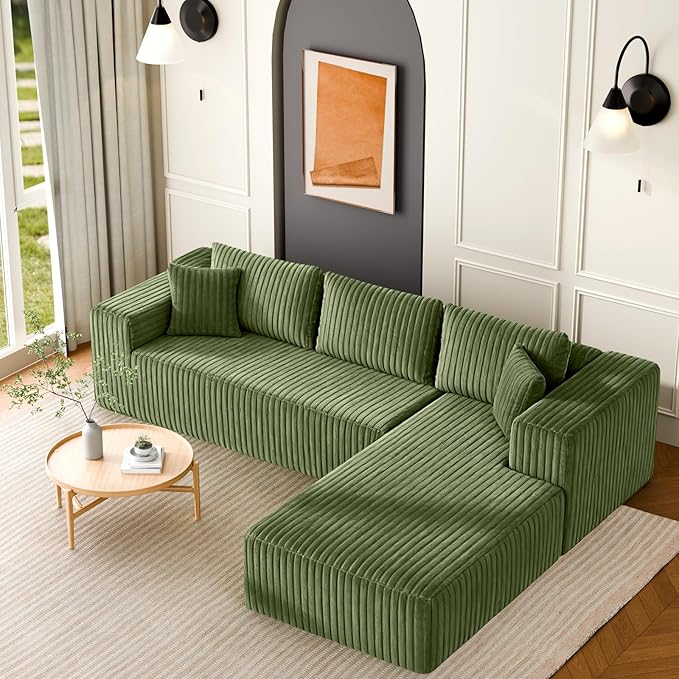 106 Modular Sectional Sofa Green Corduroy Cloud Couch with Left Chaise Deep Seat Boneless Floor Sofa for Living Room High-Resilience Foam Support No Assembly Required Includes Pillows | Sectiona