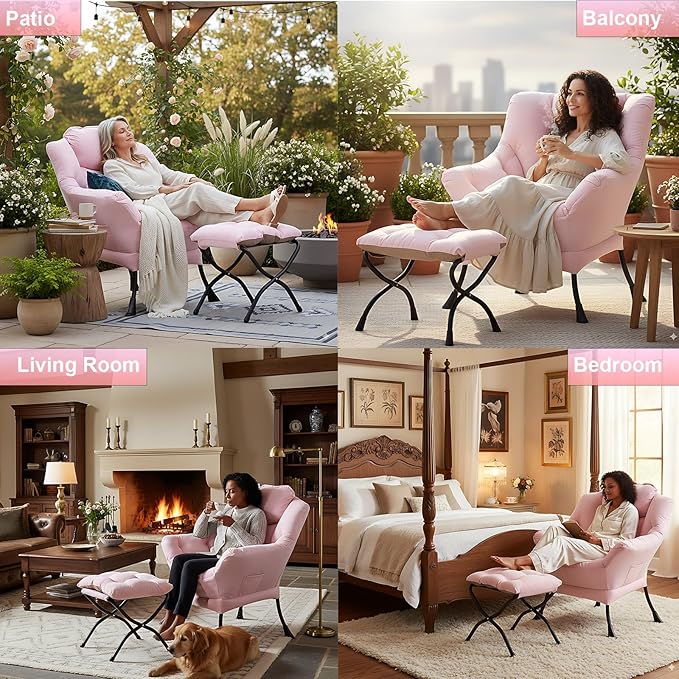LITA Lazy Chair with Ottoman Modern Accent Leisure Upholstered Sofa Contemporary Lounge Reading Chair with Armrests and a Side Pocket for Living Room Bedroom &amp Small Space Pink
