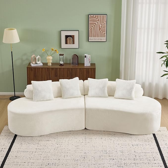 Aoowow 111.4 Modular Sectional Sofa Modern Minimalist Curved Sofa Comfy Deep Seat Curved Sofa with 4 Pillows Memory Foam Couch with Chenille Fabric 3 Seater Cloud Couch for Living Room White