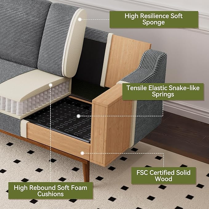65.4 Loveseat SofaComfy Grey Corduroy Love Seat Couches for Living RoomMid Century Modern Small Couch for Bedroom Office with Spring CushionSolid Wood FrameTool-Free Assembly