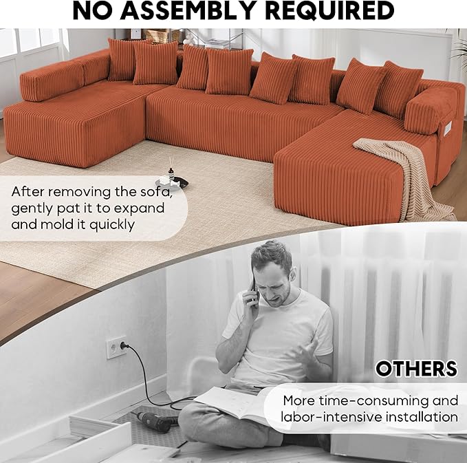 Oversized Cloud Boneless Couch with Chaise Modern Modular Corduroy Sofa with Deep Seat Various Combinations Upholstered Couches with Storage No Assembly Required-Orange
