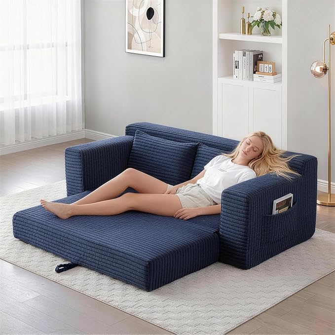 73 Convertible Sofa Bed Pull Out Boneless Loveseat Sleeper Sofa Corduroy Foldable Couch Bed with Storage Bag No Assembly Couch in a Box for Living Room Apartment (Blue)