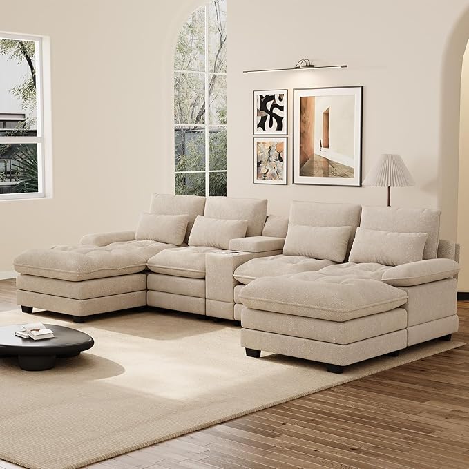 134 Oversized Brown Sectional Couches for Living Room with Glitter Fabric Fluffy Couch with Chaise Lounge&ampTufted Buttons U Shaped Sofa Set Chenille 6 Seater Couch with 2 Ottoman &amp Storage