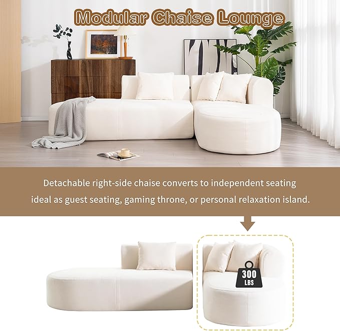 Modern L-Shaped Sofa Couch Stylish Chenille Corner Sofa for Living Room Curved Seat with Wide Stitching Four Comfortable Cushions Perfect for Living Room Bedroom and Office (Beige/367)