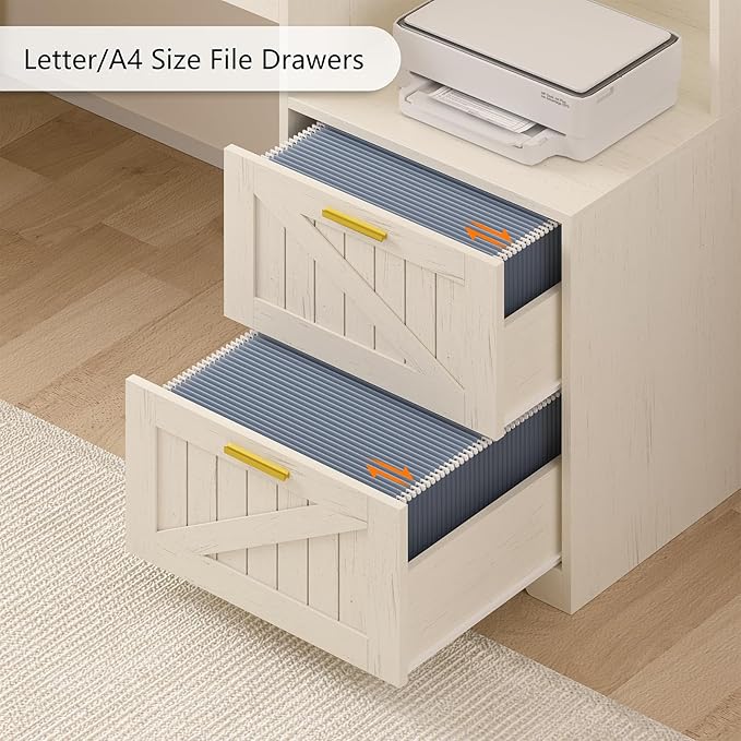 TVU Farmhouse L Shaped Desk with Drawers 62.2 Home Office Desk with Storage Shelves and Power Outlet L Shaped Computer Desk with Monitor Stand and Printer Shelf White