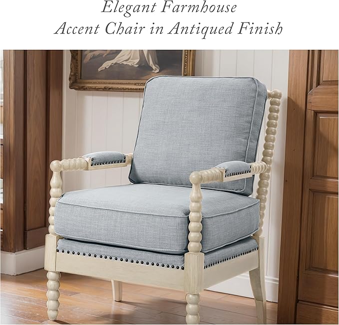 Madison Park Accent Chairs for Living Room Farmhouse Modern Armchair Solid Wood Antiqued Finish Upholstered Seat Removable Bedroom Lounge for Reading 25.5 W Light Blue/Antique Cream