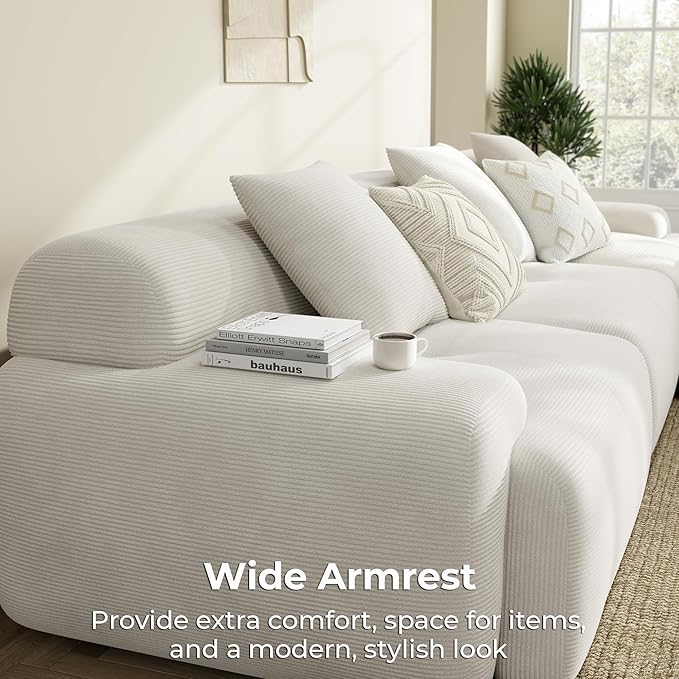 LIKIMIO 118 Modular Sectional Sofa with Ottoman L-Shaped Boneless Couch with Deep Seat for Living Room No Assembly Required Corduroy Upholstery Beige