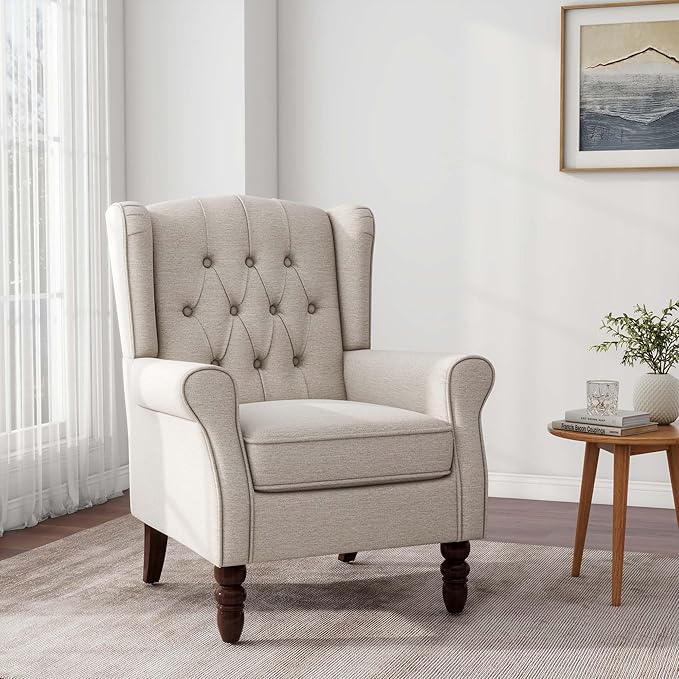 Accent Chair Upholstered Armchair with Button Tufted High Back &amp Solid Wood Legs Comfy Wingback Reading Single Sofa Chair for Small Spaces Living Room Bedroom (Beige Set of 2)