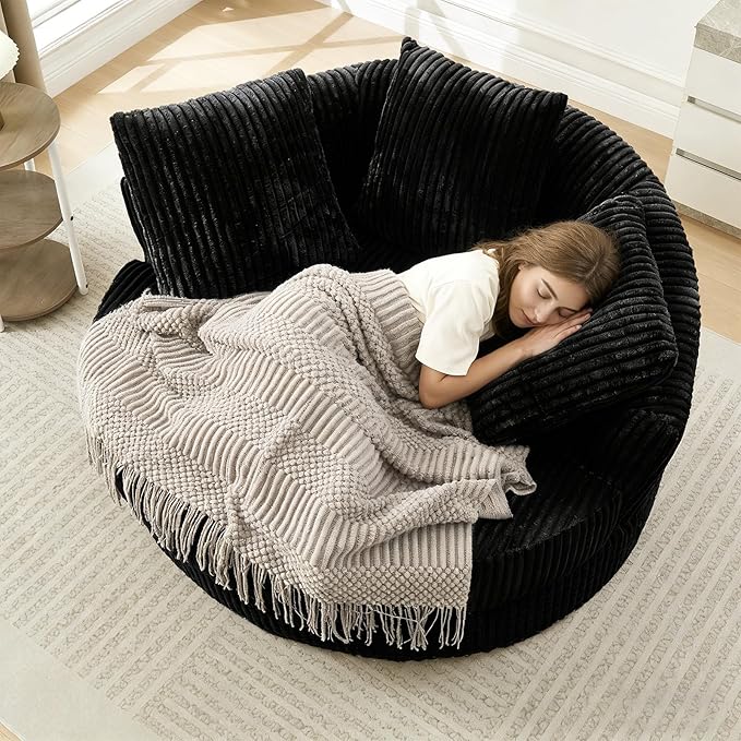61-inch Oversized Round Chair Modern Accent Corduroy Comfy Deep Seat Boneless Foam Floor Circle Chaise Lounge Sofa Chair with 3 Pillows for Living Room Bedroom Office No Assembly Required Black