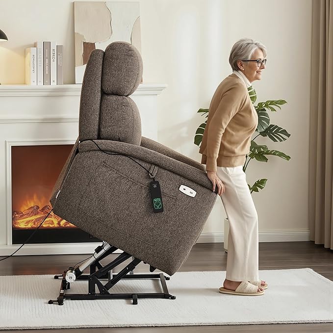 MCombo Power Lift Recliner Chair with Massage and Dual Heating Adjustable Headrest Extended Footrest for Elderly People Fabric R7605 (Mocha)