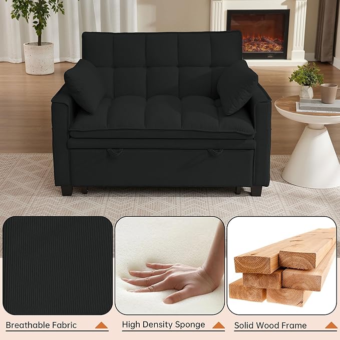 Futon Sofa Bed3 in 1 Convertible Sleeper Sofa with Pull Out BedSmall Loveseat with Adjustable BackrestLinen Futon Couches for Living RoomBlack