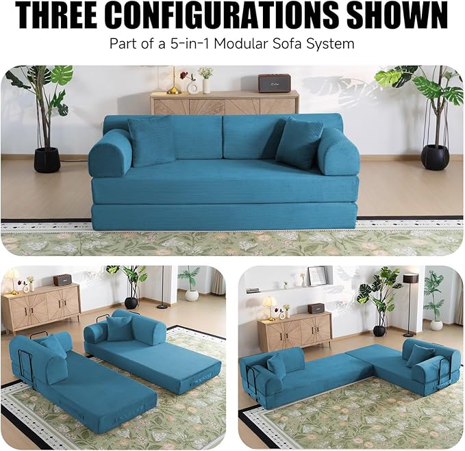 78.8 Boneless Memory Foam Couch Corduroy Convertible Floor Sofa Bed Fold-Out Sleeper Futon Loveseat Wide Armrests &amp Supportive Back 1200 lb Couch in a Box 2 Pillows Light Blue