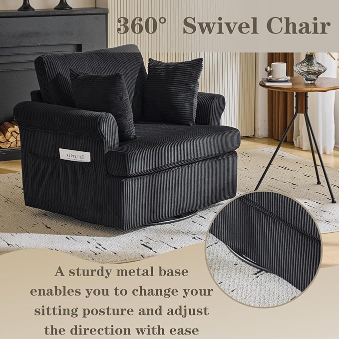 39 Oversized Armchair360°Swivel Accent ChairComfy Upholstered Corduroy Chairs W/2 Pillows and 2 Side PocketsModern Side Reading Seat for Living RoomBedroom and Office (Black)