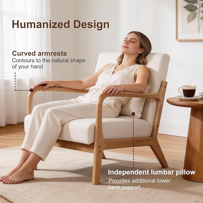 Mid Century Accent Chair Comfy Arm Chair with Solid Wood Frame Upholstered Modern Chair for Living Room Bedroom Waiting Room Beige