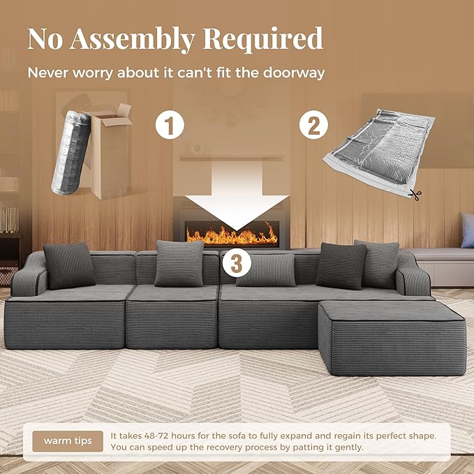 134 Cloud Boneless Sectional Couch with L-Shape Chaise Upholstered Corduroy Couch with Deep Seat No Assembly Required Compressed Sofa for Living Room Apartment Grey