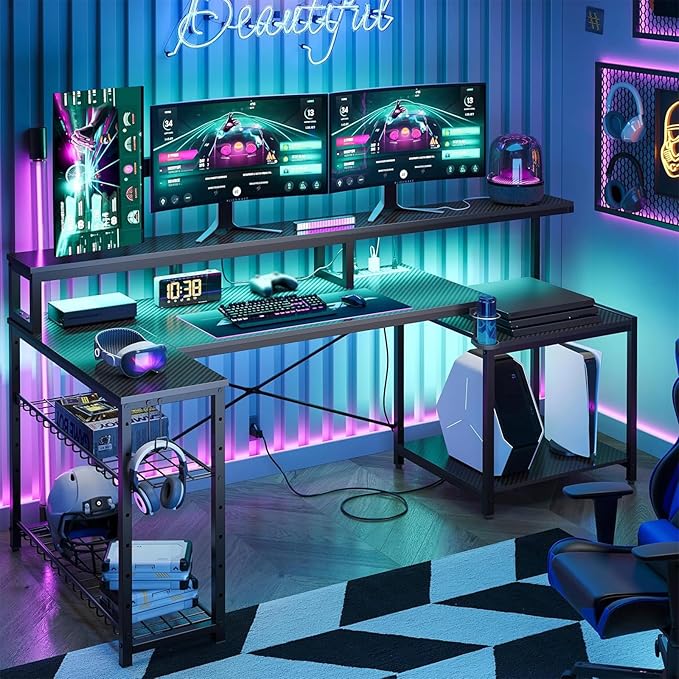 Bestier LED Gaming Desk with Power Outlets 71 inch L Shaped Computer Desk with Monitor Stand Large Desk with Printer Stand Adjustable Shelf Cup Holder &amp Hooks Home Office Desk Black