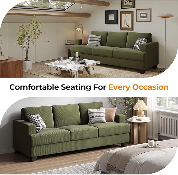 89 Inch Sofa with Extra Deep Seats Oversize 3 Seater Sofa for Living Room Modern Couch and Sofa Comfy Armrests and Seats and Backrests Easy Installation Corduroy Fabric Green