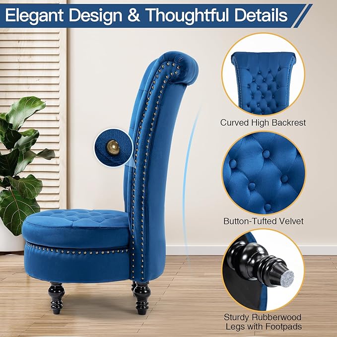 AVAWING High Back Throne Chair Velvet Armless Royal Accent Chair w/Storage Nailhead Trim &amp Rubberwood Legs for Living Room &amp Bedroom Blue
