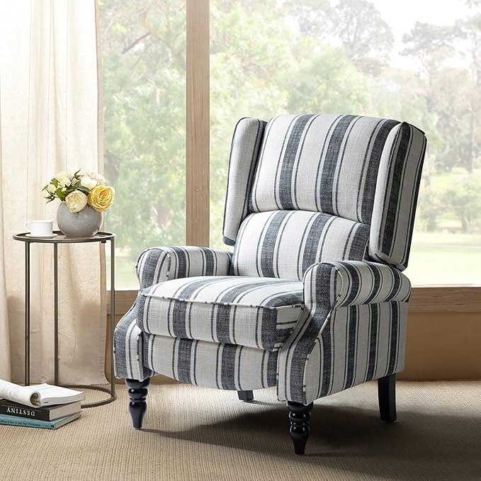 HULALA HOME Upholstered Wingback Recliner Chair Small Adjustable Footrest Push Back Single Reclining Sofa Mid Century Modern Lounge Armchair for Living Room Bedroom Reading/Stripe Black