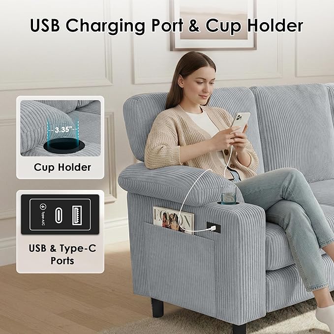 80'' Modular Sectional Sofa 3-Seater L-Shaped Couch with Storage DesignCorduroy Fabric and Movable Ottoman for Living Room Office Apartment LightGray | USB Charging Cup Holders Side Pockets Ar