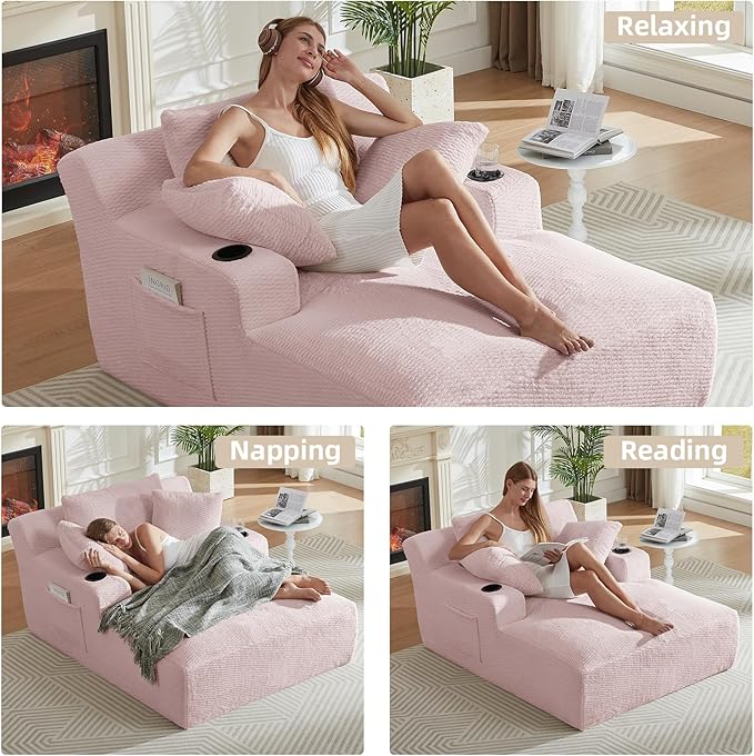 Oversized Chaise Lounge Chair - Upholstered Couch Cloud Boneless ChairDeep Seat Sleeper Sofa with Cup Holders and Side PocketsComfy Reading Chair for Living Room (Pink)