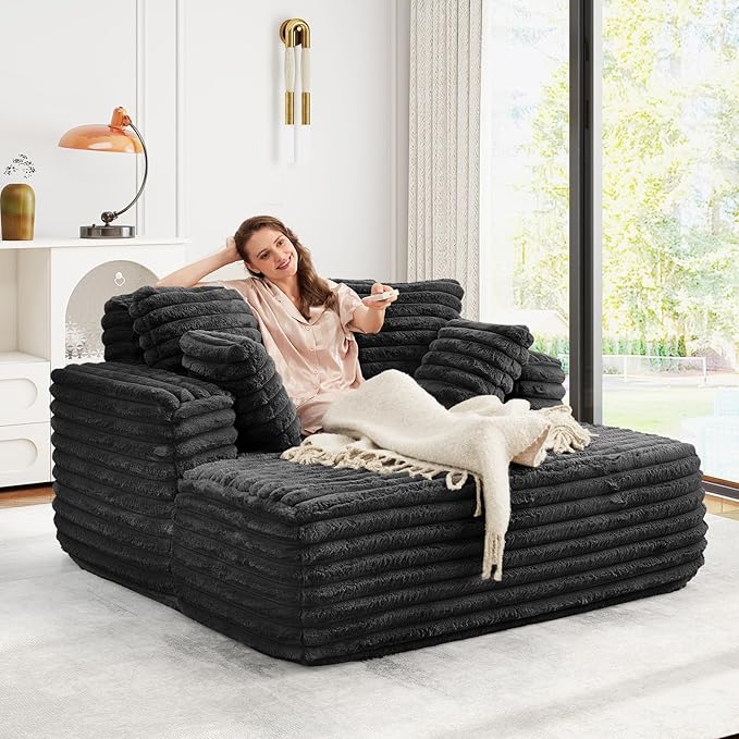 56 Oversized Chaise Lounge Chair IndoorPlush Faux Fur Sleeper Sofa Couch Bed with Pillows&ampWide ArmrestsFluffy Comfy Cloud CouchCompression Foam Couch for Living RoomBedroom(Black)