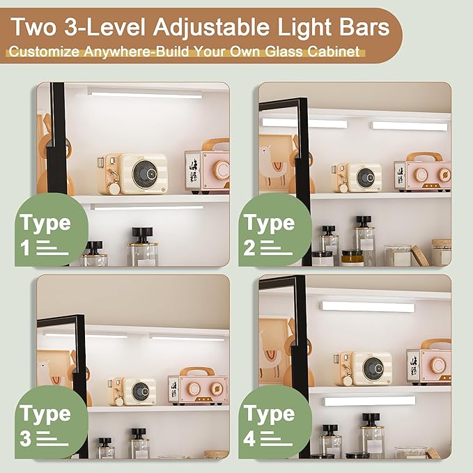 Montary Corner L-Shaped Computer Desk with Glass Display Cabinets &amp Built-in LED Lights - Office Desk with USB Charging Ports Keyboard TrayCompact and Functional DesignWhite