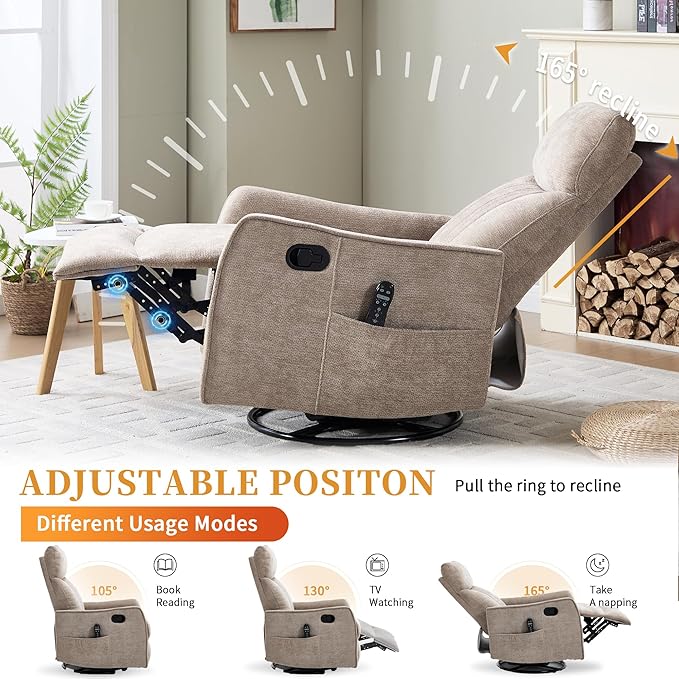 Small Swivel Rocker Recliner Chair for Nursery Heat &amp Massage Manual Upholstered 360° Fabric Glider Chair Small Recliners for Small Spaces Living Room (Khaki)