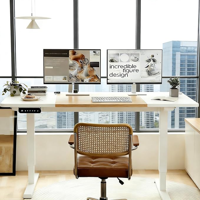 Electric Standing Desk 55 x 24 Inch Height Adjustable Desk Sit Stand Desk with Type-C Charging and Memory Preset Computer Desk for Home Office (Oak + White)