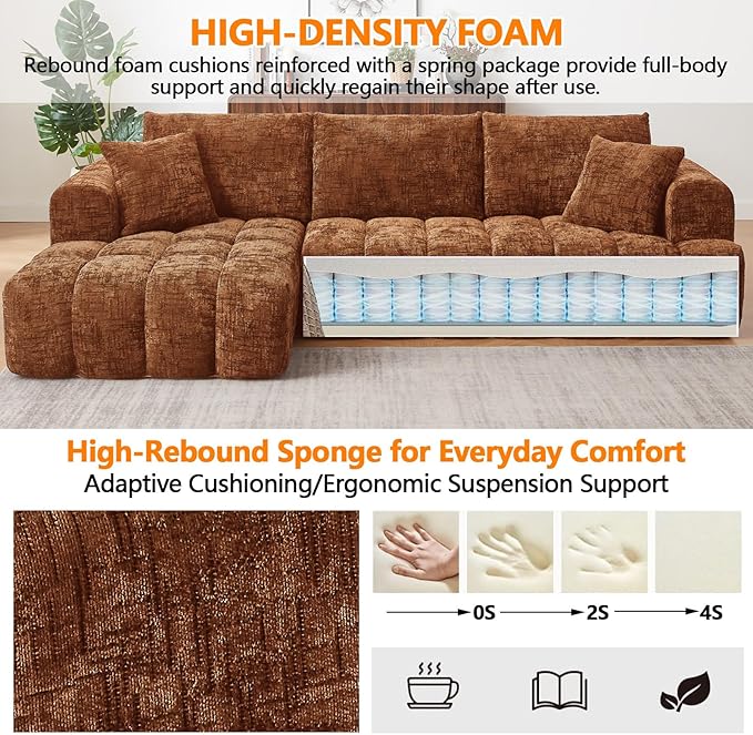 Luxury 108 L Shape Boneless Couches for Living Room Chenille Modular Sectional Cloud Sofa Couch W/Deep Seat &amp Pillows Memory Foam Couch W/Oversized Chaise (Orange Left Facing Chaise)