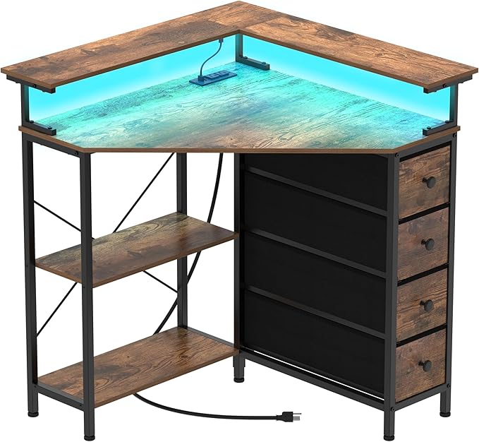 Corner Desk with Drawers Shelves for Small Space 90 Degrees Triangle Computer Desk with Power OutletsGaming Desk with LED Lights Monitor Stand for Home Office Workstation Writing Table (Brown)