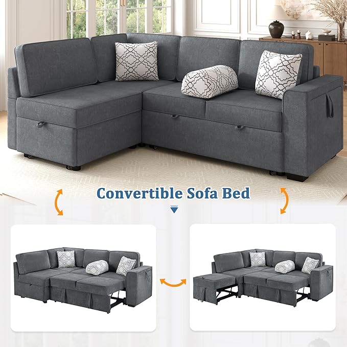 83.9 Convertible Sectional Sofa Bed Chenille L-Shaped Sofa with Dual Pull-Out Sleepers Flip-Top Table USB Ports Cup Holder &amp Storage for Living Room Office Apartment (Dark Gray-7.22)