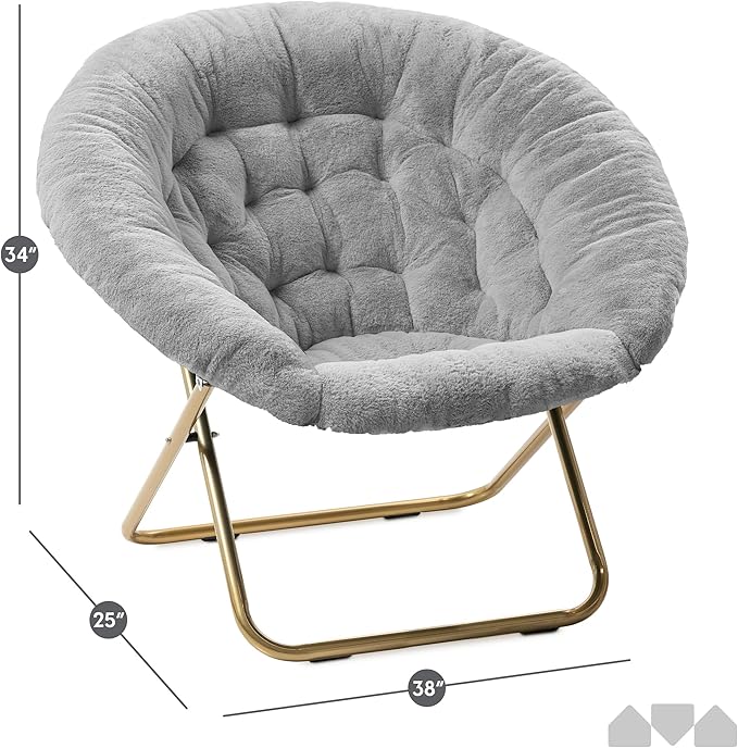 Milliard Saucer Chair for Adults Teens &amp Kids Light Grey Faux Fur XL Circle Chair for Bedroom Dorm &amp Gaming Foldable Comfy Accent Seat for Small Spaces Folding Moon/Mushroom/Round Style